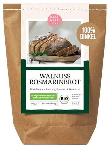 Bio Dinkelbrot Backmischung Walnuss Rosmarin – 100 % Dinkel, weizenfrei – aromatisches Walnussbrot mit Kräutern für Brotbackautomat & Ofen – Bake with Love - 1er Pack