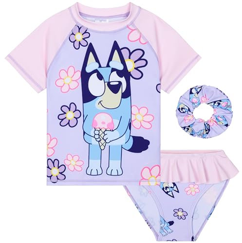 Bluey Girls Swimming Costume Long Sleeve Swimsuit or One Piece or Rash Guard Set for Kids Toddlers Swimwear for Pool Beach Holiday Essentials (2-3 Years, Lilac with Scrunchie)