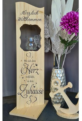 Holzaufsteller, Holz Deko Schild Holzschild Eingangsschild Wo Sich Dein Herz wohlfühlt mit Windlicht aus Glas, Geschenk, Weihnachten, Geburtstag