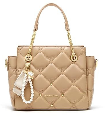 Cnoles Elegant Gesteppte Damenhandtasche, Kunstleder mit Goldkette, Perlenanhänger & Schulterriemen Designer-Handtaschen (apricotfarben)