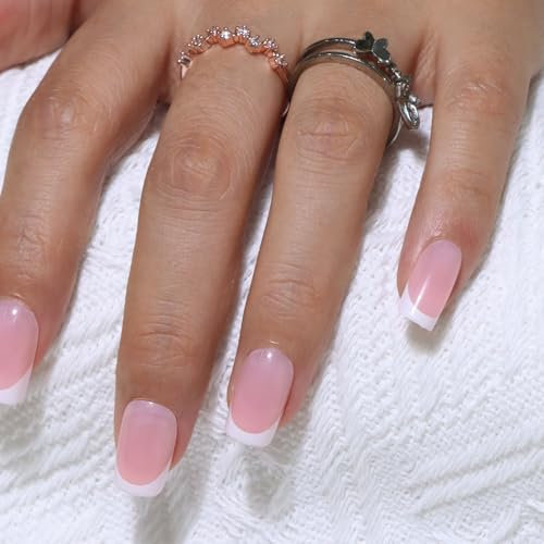 MOTIBACK Faux Ongles Autocollants Carrés Moyenne Longueur - 32 Pièces French Manucure Rose avec Colle à Ongles et Lime, Faux Ongles à Coller pour Femmes et Filles (rose)