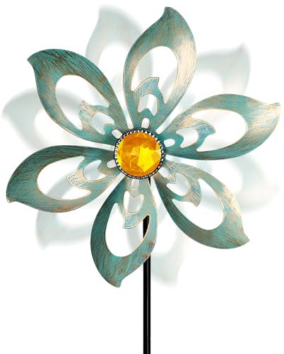 Moulin à vent de jardin en métal - 70 cm - Décoration de jardin rétro - Pierres précieuses - Moulin à vent pour l'extérieur - Carillons éoliens silencieux - Pour balcon, terrasse - Vert