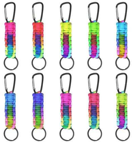 HENGBIRD Schlüsselband Karabiner 10 Stück Set - Paracord Schlüsselanhänger Bunt Geflochten mit D-Ring & Clip - Outdoor Lanyard für Rucksack Camping Kindergeburtstag