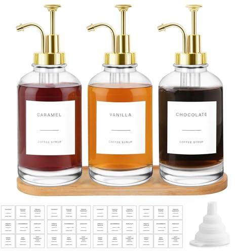 Sunal Kaffee Sirup Spender,Set of 3 Glas Sirup Spender,500ml/16,9 oz Golden Honig Pump Flasche mit 36 Wasserdichten Etiketten,1 Tray und 1 Silikon Trichter für Küche Kaffee Bar