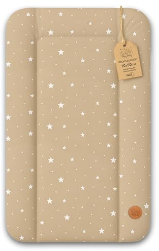 Wickelauflage Wickelunterlage abwaschbar und wasserdicht 70x50 cm - Wickelmatte zum Auflegen auf Wickeltisch Wickelaufsatz Wickelkommode oder Waschmaschine changing mat 70 x 50 Beige mit Weiß Sternen