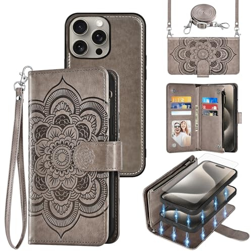 Asuwish Phone Case for iPhone 15 Pro Max 6.7 inch Zipper Wallet Detachable Cell Cover with Screen Protector Crossbody Lanyard Strap Flower Card Holder i Phone15 15Pro i15 ProMax 15ProMax Women Grey