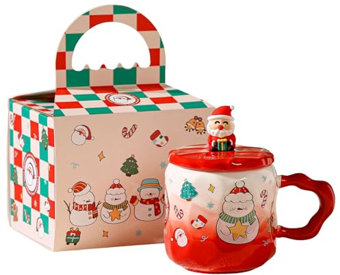 Christmas Ceramics Mug with Lid and Spoon 12 Oz/380ml Cute Christmas Coffee Cups with Gift Box Xmas Hot Chocolate Mug for Women Men Kids Xmas Gift (Red)