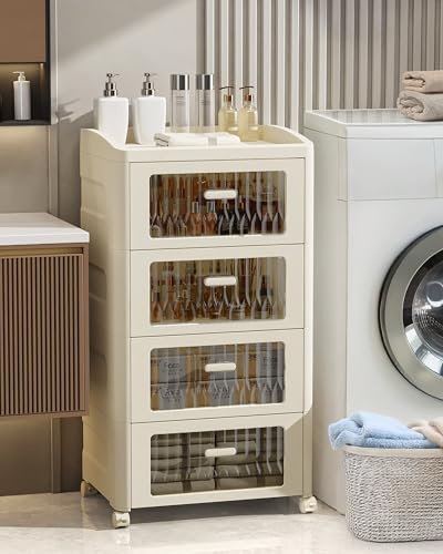 Froppi Large Plastic Storage Drawers on Wheels, Cream White/Coffee Plastic | L42 W32 H79.5 cm, Large Size, Pre-Assembled Body, Lockable Wheels, Bathroom, En-Suite, Kitchen, Bedroom, Living Room