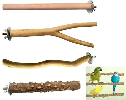 XinYangMao Natürliche Sitzstangen für Vögel, 4er Set - Naturholz Sitzstangen für Vogelkäfig - Perch Stangen für Wellensittiche, Kanarienvögel und Kleinvögel - Vogelzubehör & Käfigzubehör