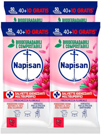 Napisan Salviette Igienizzanti Multisuperfici Fragranza Freschezza Floreale Rimuovono Germi e Batteri Biodegradabili Compostabili Versatili per Pulizia Quotidiana - 4 Confezioni da 50 Salviette