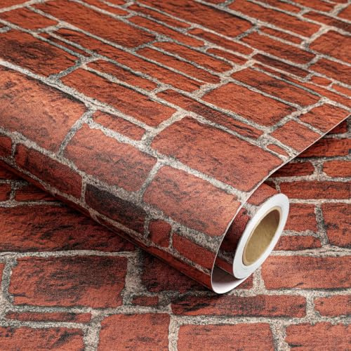 Decotalk 3D Tapete Selbstklebend Wohnzimmer Steinoptik Ziegelrot 44.5X300cm | Tapete Esszimmer Steinoptik Ziegelstein Vintage Klebefolie Möbel Rot Steintapete Wasserdicht für Küche Bad Backstein Stein