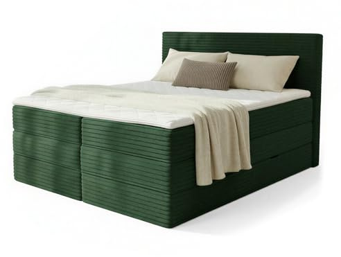 Sofnet Boxspringbett Mollo XL mit 2 Bettkästen und Topper, mit Taschenfederkern- und Bonellfederkernmatratze, Doppelbett, Polsterbett aus Cordstoff mit Stauraum (Grün (Tilia 39), 160 x 200 cm)