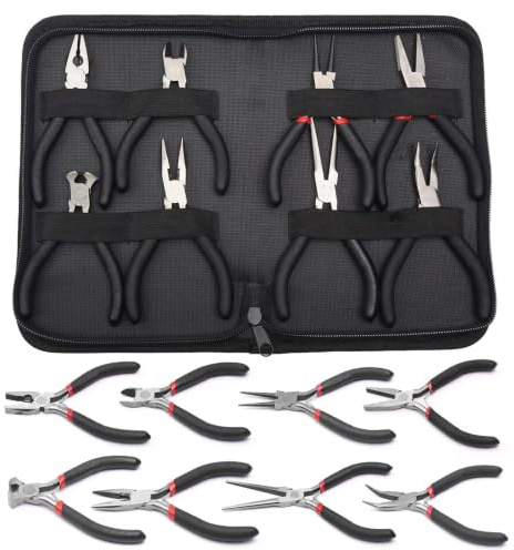 DIYCUT 8 Piezas Set Negro Y Rojo Juego Alicates, Mini Alicates Joyeria | Mango Antideslizante Tenazas, Adecuado Para Fabricación De Joyas, Bricolaje Y Reparaciones Del Hogar