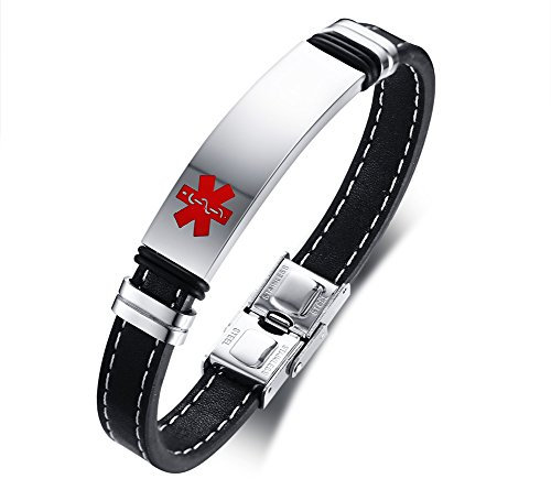 VNOX Pulsera Personalizada del Brazalete del Cuero Genuino Identificación Médica Alerta Acero Inoxidable,Grabado Libre