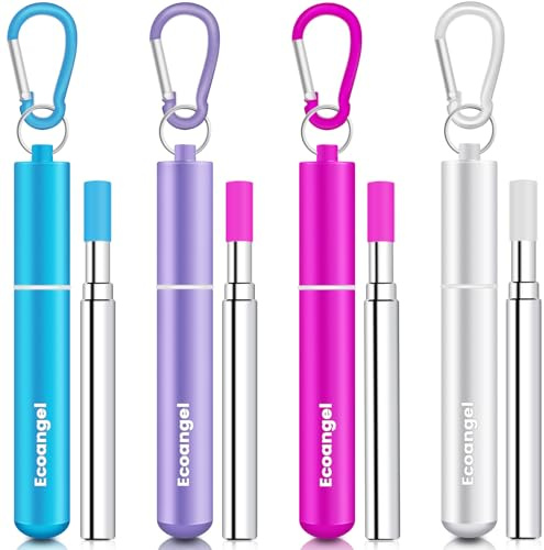 Ecoangel Cruise Ship Essentials Reusable Metal Straws (4 Pack) | Collapsible Travel Drinking Straws with Cases, Stainless Steel Straws, Cruise Must Haves with Silicone tips for Gifts