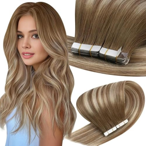 Easyouth Tape in Extension Echthaar Glue in Haar Extensions Echthaar Farbe Darker Brown Mix Mittelbraun und Mittelblond 45 cm 50g Seamless Extension Tape on Echthaar #3/8/22