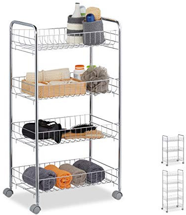 Relaxdays 10030061_349 Rollregal, 4 Etagen, 4 Rollen, Allzweckwagen für Küche, Bad, Büro, Rollwagen, HBT 77 x 40,5 x 26,5 cm, Silber