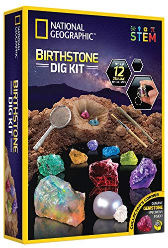 NATIONAL GEOGRAPHIC Birthstone Dig Kit - Science Kit with 12 Genuine Birthstones, includes a Real Diamond, Ruby, Sapphire, Pearl, & More, Gemstones and Crystals, Rock Collection (Amazon Exclusive)