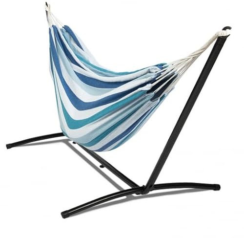 IDMarket - Hamac avec Support métal et Toile rayée Bleue et Blanche