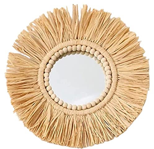 Benoon Spiegel mit Seil zum Aufhängen, Stroh, marokkanische Holzperlen, Acryl-Ornament für Wohnung, Wohnzimmer, Schlafzimmer, Schlafsaal, Eingänge 3