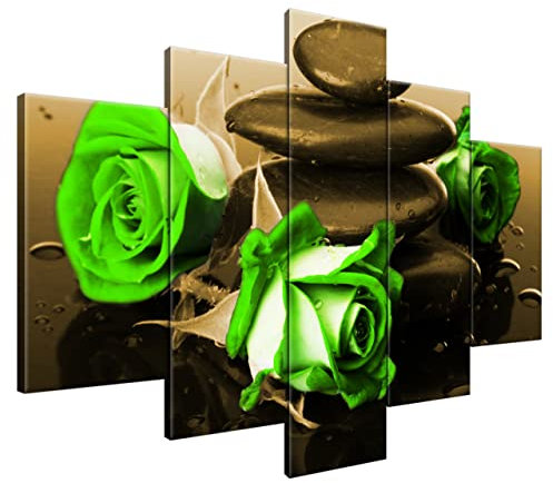 Estika Leinwand bilder - Grüne Rosen auf Spa-Steinen - 150x105 cm, 5 teilige kunstdruck - Wandbilder wohnzimmer, schlafzimmer, Moderne wanddeko, Bild auf leinwand - Blumen bilder - 1423A_5H