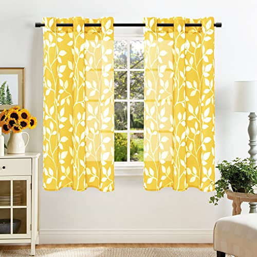 XTMYI 72 Inch Length Yellow Curtains for Living Room 2 Panels Sheer Leaf Designed Spring Decor for Bedroom Home,Lemon