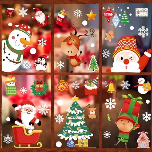 RFWIN Christmas Window Stickers, 213pcs Christmas Decals Snowflake Santa Claus Reindeer Stickers for Christmas Window Decorations, Double Sided Xmas Window Clings for Kids Party Holiday Supplies