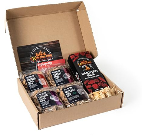 Exstream BBQ Liquor Barrel Wood Chip Selection Box - Cognac, Muscat, Sherry, Whiskey - Includes Smoker Box, Flavour Chart Magnet & Wood Wool Firelighter