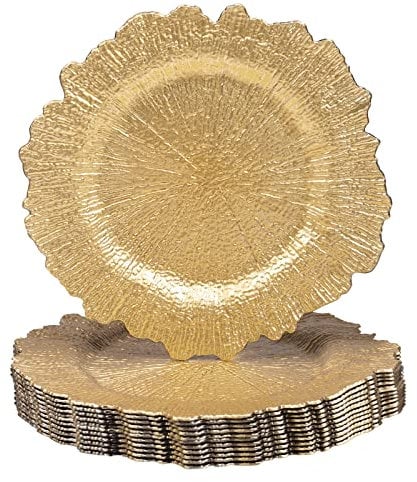 MAONAME 13 Zoll Gold Charger Plates, Round Reef Charger for Dinner Plates, Plastic Plate Charger for Table Setting Hochzeit Decor Set of 12