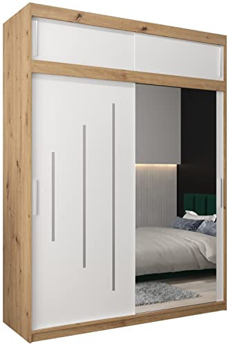 MEBLE KRYSPOL Kleiderschrank mit Spiegel York 2 - Garderobenschrank - Schrank Schlafzimmer - Mehrzweckschrank Zwei Schiebetüren - Regalen - Flur Möbel - Kleiderstange Schrank - Allzweckschrank