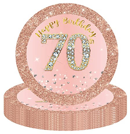 ATBEAMEN 16pcs Rose Gold 70th Birthday Paper Plates 9inch Party Table Decor, Women 9'' Tableware, Happy Tableware Plate for Her, Women, Supplies