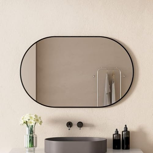 WDWRITTI Spiegel Schwarz 50x80 cm Wandspiegel Badspiegel Wandmontage Rechteckiger Rund Ecken Badezimmerspiegel Metallrahmen Oval Schminkspiegel für Badezimmer, Schlafzimmer, Wohnzimmer