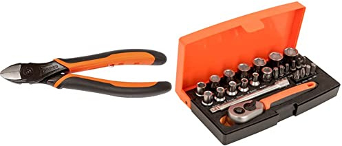 Bahco 2101G-180 2101G Ergo Side Cutting Plier, 180mm Length & SL25 Ratchet Socket Set, Metric 1/4 Drive, 25 Pieces