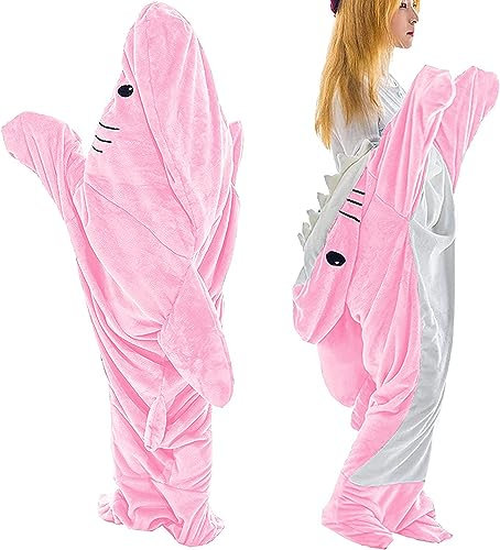 IDAHSOR Shark Blanket Hoodie Adult,Pink Wearable Flannel Shark Tail Hoodie Onesie with Hood - Super Soft Fleece Sleeping Bag,Onesie Adult Cosplay Shark Costume, Shark Gifts, Shark Lovers (M)