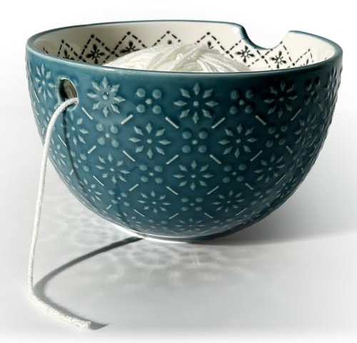 UCDRMA Crochet Yarn Bowl for Knitting, Ceramic Yarn Holder Crocheting Bowl with 3D Relief Pattern, 6in Large Crochet Holder Bowls for Yarn of All Types, Great Decorative Knitting Crochet Supplies