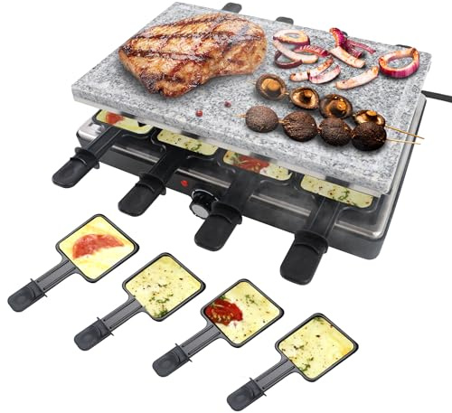 ACXIN Raclette Grill con pietra naturale e piastra per barbecue, rivestimento antiaderente per 8 persone, piastra elettrica per barbecue interna, 8 padelle e vanga in legno, max. 1400 W