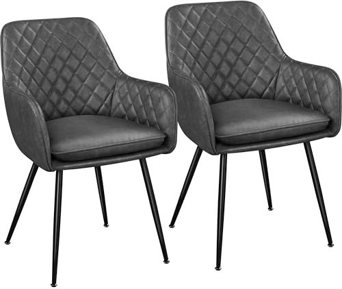Yaheetech Esszimmerstühle 2er Set Küchenstühle, Polsterstühle mit Armlehnen Metallbeine, Seesel aus Kunstleder für Arbeitszimmer/Wohnzimmer, Dunkelgrau