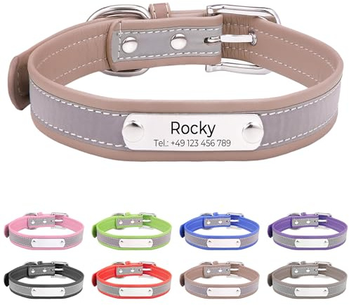 Reflektierend Halsband für Hunde aus Leder Personalisierte Hundehalsband mit Namen Gravur Hellbraun Halsband mit Namenschild für den großen, mittleren Hund,Hundehalsbänder XL