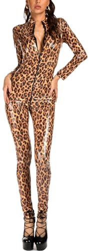 PIIKNUO Sexy Latex Catsuits für Damen Wet Look Bodysuit Latex Overall Catsuit Sexy Jumpsuit Ganzkörper Anzug Lack Leder Bodysuit Damen Hosenanzug Slim Fit Catsuit aus Lackleder Wetlook Dessous (XL)