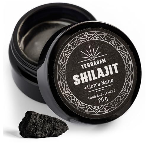 TERRAGEM Himalaya Shilajit mit Lion's Mane - Mumijo Nahrungsergänzungsmittel - 100% Natürlicher Adaptogen - Reich an Mineralien, Fulvinsäure und Huminsäure - Hochwertig - Glasdose 25 g