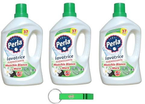 3 x Perla Detersivo Lavatrice Muschio Bianco e More Per Bucato – Detersivo Liquido per Lavatrici Muschio Bianco e More 37 lavaggi – 1850 ml + Beni Culinari Portachiavi Gratis