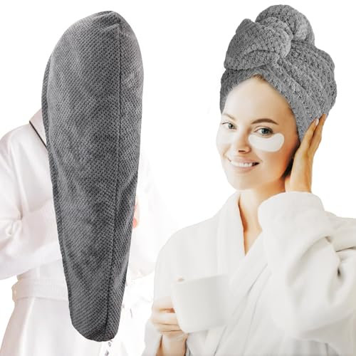 FREATECH Großes Mikrofaser Handtuch Haare 86 x 26 cm, Dicke Super Saugfähige Haarturbane für Nasses Haar, Frauen Anti-Frizz Haartrockentuch mit Gummiband, Langes Dickes Lockiges Plopphaar, Grau