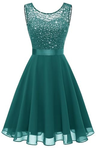 Berylove - Abito da cocktail, da donna, elegante, adatto per matrimoni, in chiffon, senza maniche, con pizzo, XS