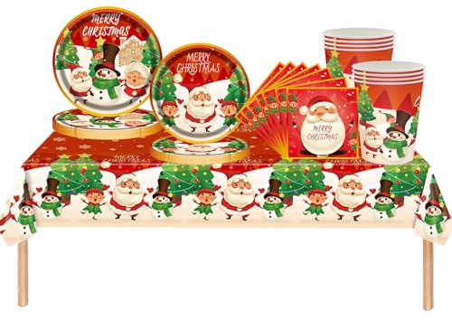 69pcs Christmas Party Tableware Plastic Table Cloth,Paper Plates Napkins Serviettes and Cups,Merry Christmas Decorations Santa Elf Red Dinnerware Set for Winter Holiday Xmas Party Table Decorations