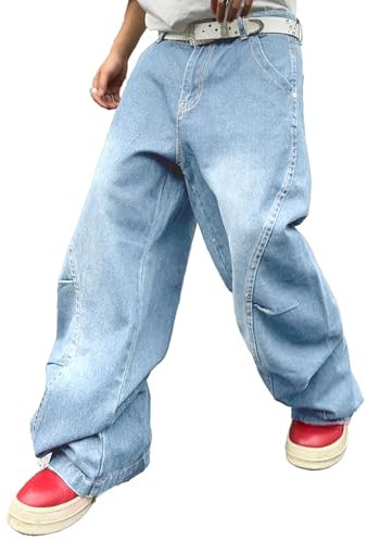 Zewool Herren Baggy Jeans mit unregelmäßigen Nähten lässige Mode Y2K Hip Hop Wide Leg Denim-Hosen Streetwear lockere Passform gerade Beinform entspannter Schnitt Skater Skateboard,D Hellblau,L