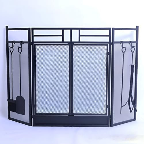 Klappbarer Kaminschirm Für Zuhause,Feuerschutz Mit Kaminbesteck-Sets,3-Teiliges Großes Stahlgitter Mit 2 Magnetischen Scharniertüren,Für Feuerfunkenschutz Zum Verbrennen Von Holz ,Schwarz,122cm/48in