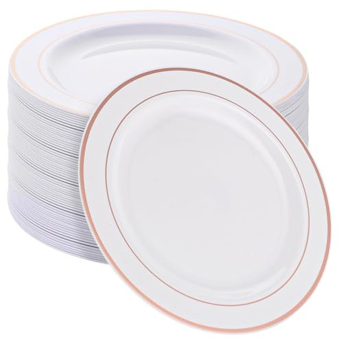 MUXHEL Juego de 40 platos de plástico blancos de 26 cm, platos de plástico reutilizables, platos de fiesta, vajilla de plástico con borde de oro rosa para bodas, cumpleaños