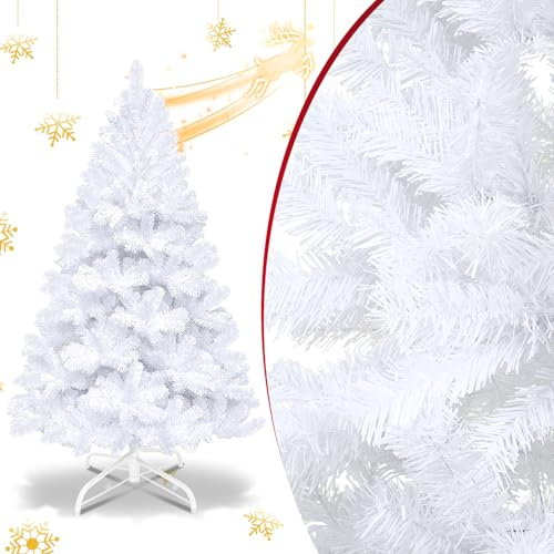 Fiqops Christmas Tree Artificial 5Ft Natural Xmas tree Bushy Hinged Branches cone with Firm Metal Stand for Indoor and Outdoor Home Party Xmas Decoration, PVC, White
