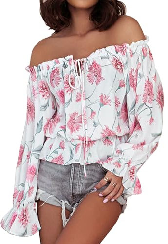 YNIQUE Women's Off Shoulder Blouse Long Lantern Sleeves Ladies Tops Summer Floral Print Casual Ruffles T Shirts Fall 2024 Pink