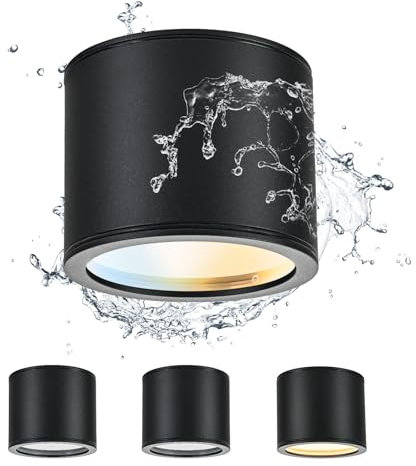 Gleonlux LED Aufbauspot Deckenspot Schwarz, Aufbaustrahler IP44 9W CCT 3000K/4000K/6500K, Aufputz Spots 230V mit GX53 Fassung, Deckenstrahler Rund, Deckenlampe Aluminium für Bad, Badezimmer 4Stück